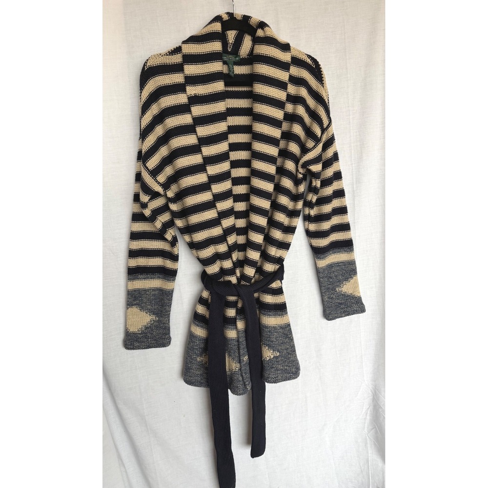 Linen Cotton Ralph Lauren Cardigan Navy Beige Striped Southwestern Large